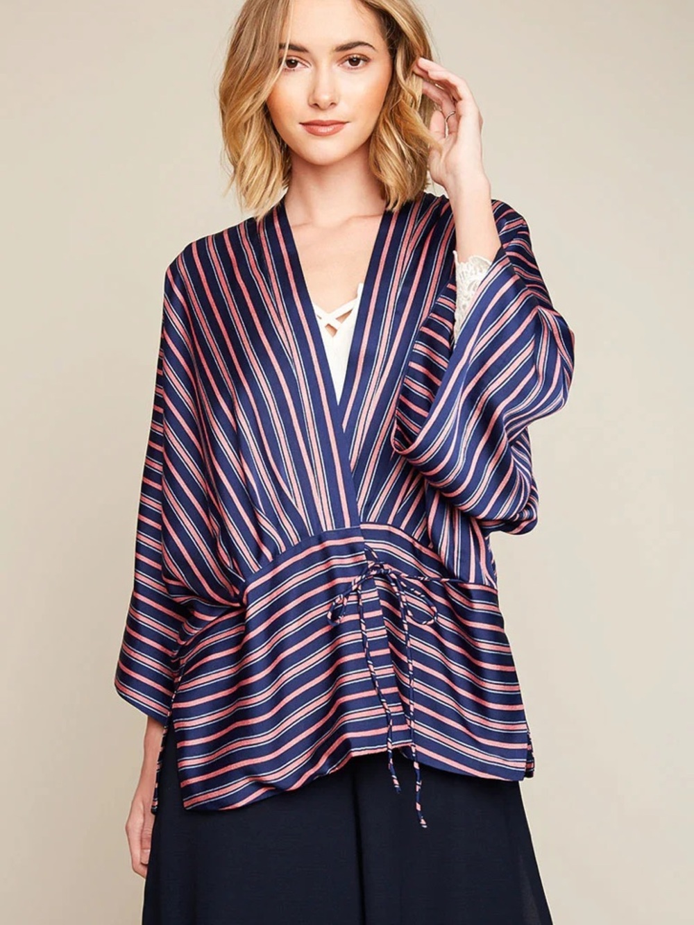 Hayden LA Striped Kimono Sleeve Blouse Tie Front Peplum Navy Pink Boho Flowy
